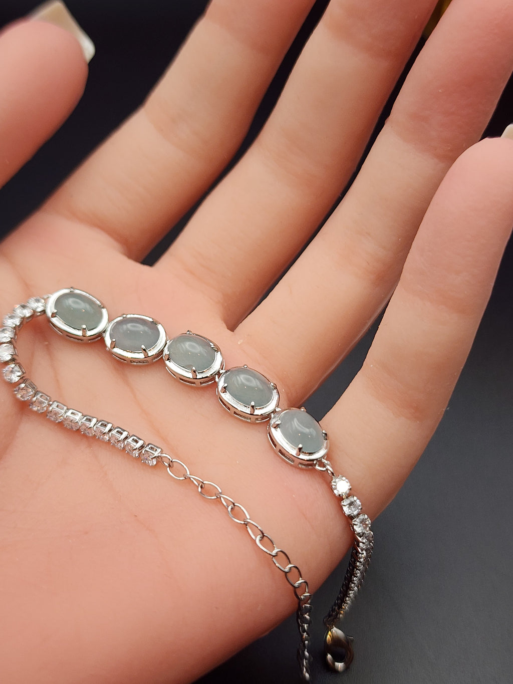 Natural Light Icy Blue-Green Jadeite Jade Cabochon Bracelet - (Type A Untreated)