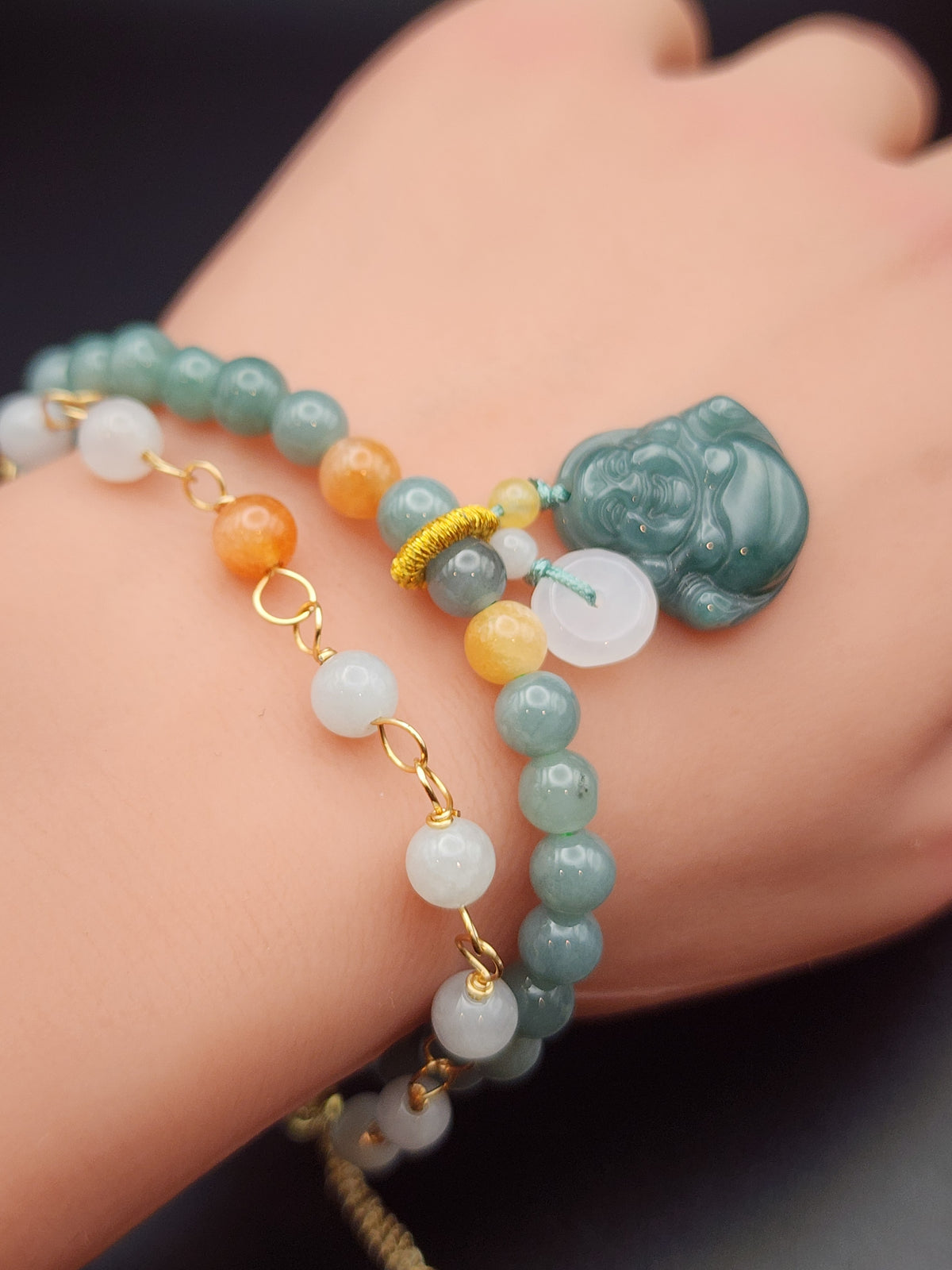 Natural Icy Green & Multicolor Jadeite Jade Bead Bracelet Set - 2 Pairs / Set - 6.5" - (Type A Untreated)