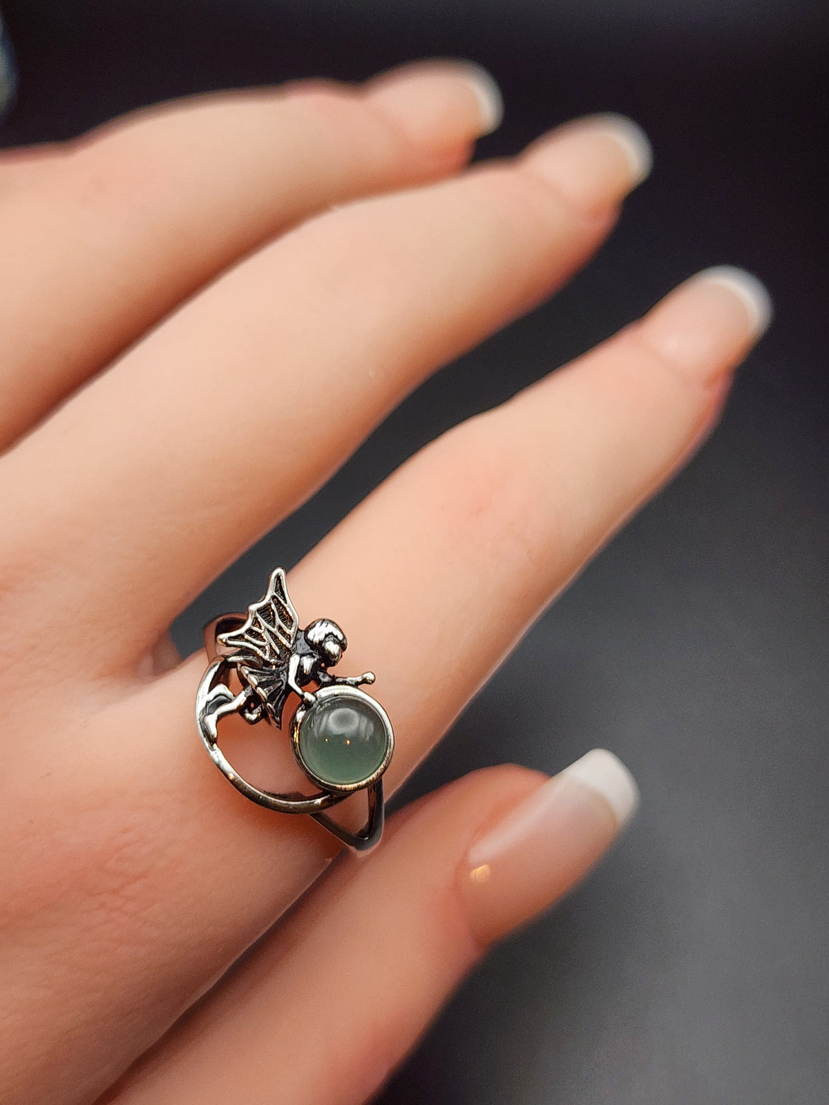 Natural Light Icy Green Jadeite Jade Angel/Fairy Cabochon Adjustable Ring - (Type A Untreated)