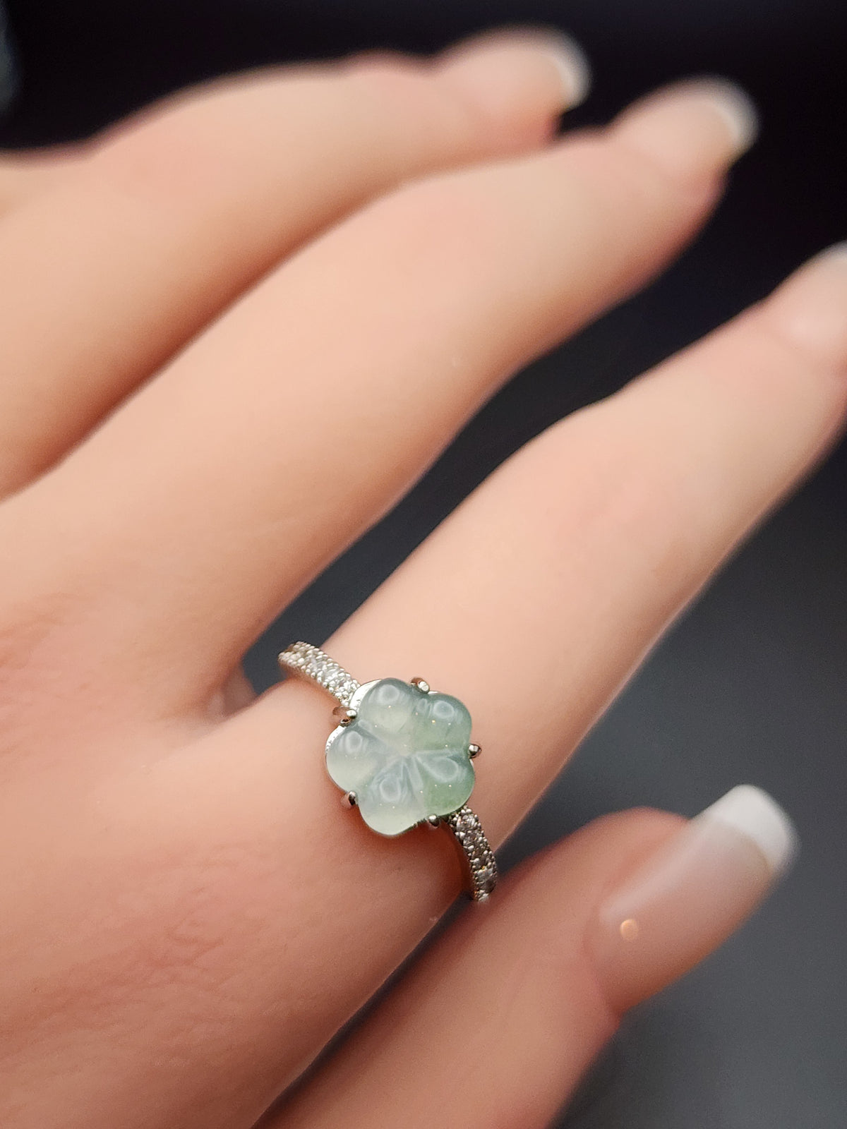 Natural Light Icy Green Jadeite Jade Carved Flower Adjustable Ring - (Type A Untreated)