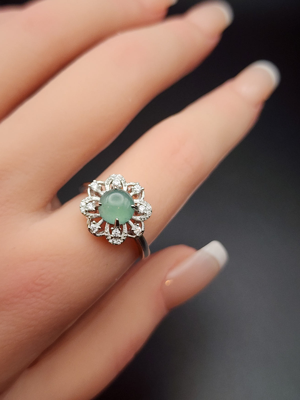 Natural Light Icy Green Jadeite Jade Floral Cabochon Adjustable Ring - (Type A Untreated)