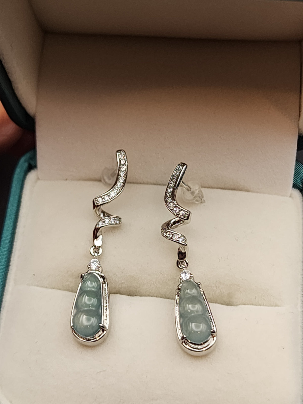 Natural Light Icy Blue-Green Jadeite Jade Sweet Pea Pod Dangle Earrings - (Type A Untreated)