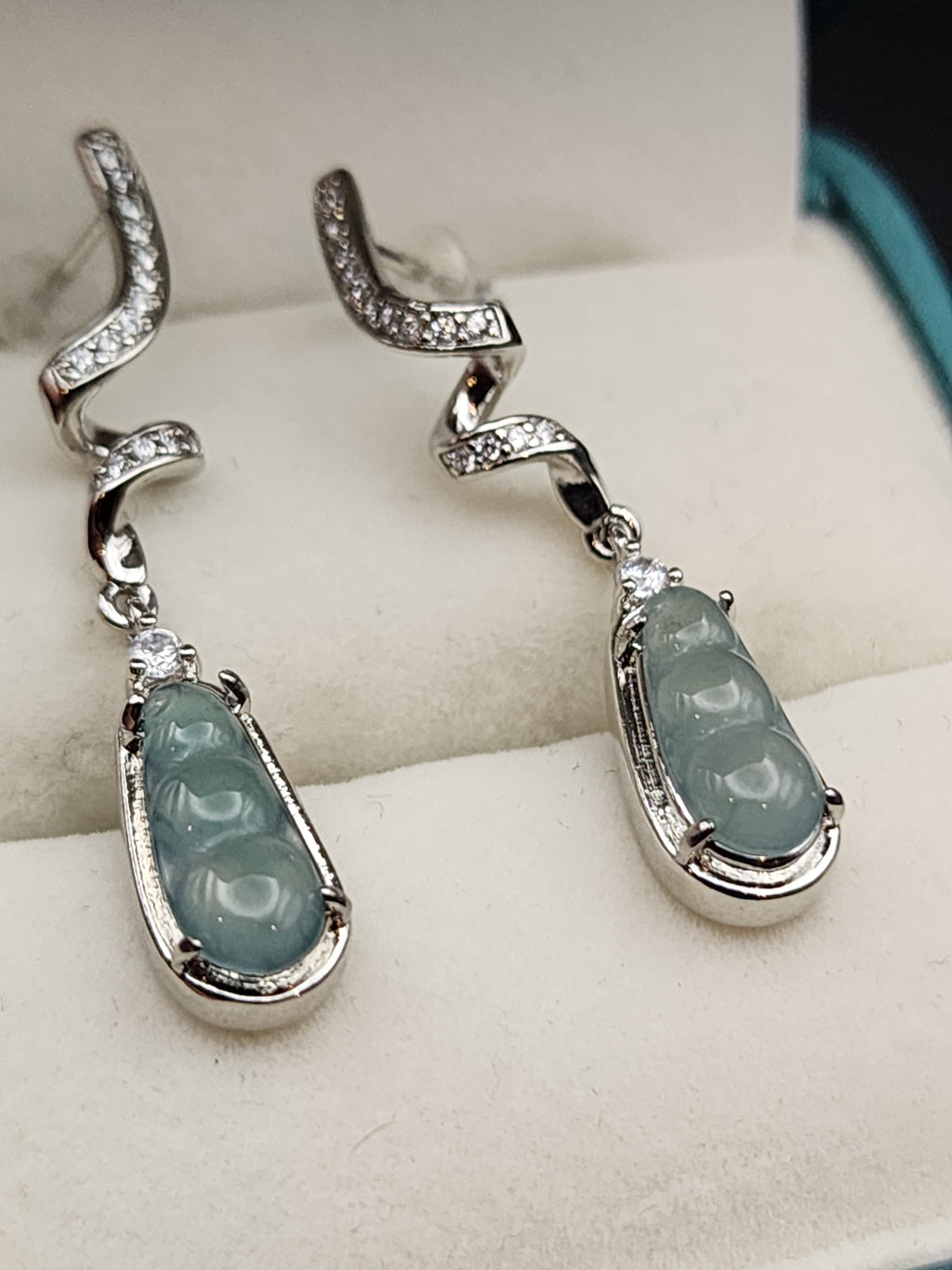Natural Light Icy Blue-Green Jadeite Jade Sweet Pea Pod Dangle Earrings - (Type A Untreated)