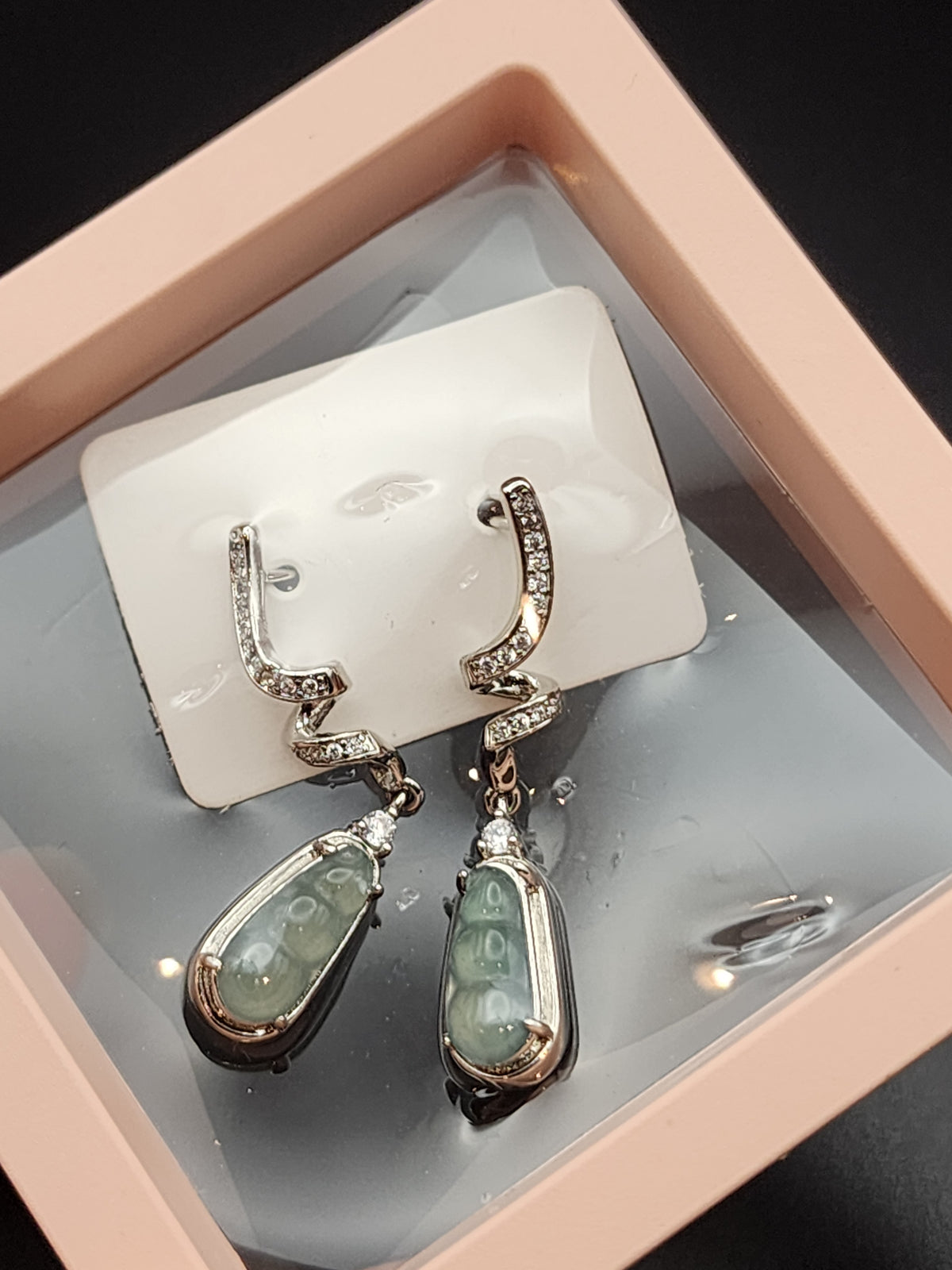 Natural Light Icy Blue-Green Jadeite Jade Sweet Pea Pod Dangle Earrings - (Type A Untreated)