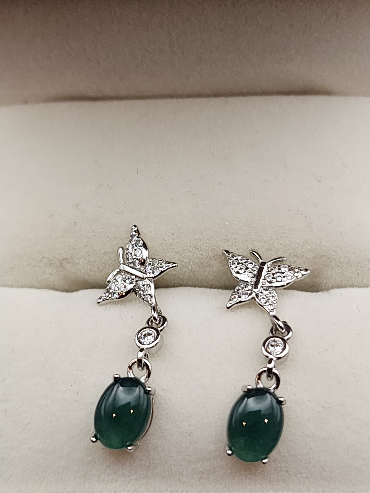 Natural Dark Green Jadeite Jade Butterfly Dangle Earrings - (Type A Untreated)