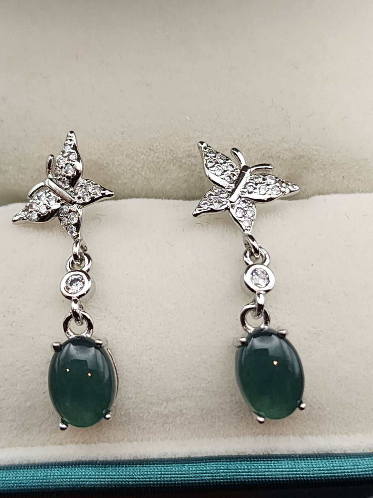 Natural Dark Green Jadeite Jade Butterfly Dangle Earrings - (Type A Untreated)