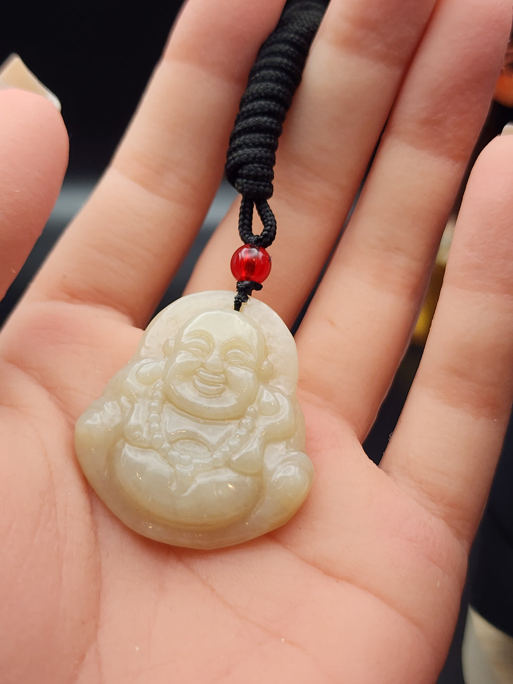 Natural Mutton Fat White-to-Honey Nephrite Jade Carved Laughing Buddha Pendant - (Untreated)