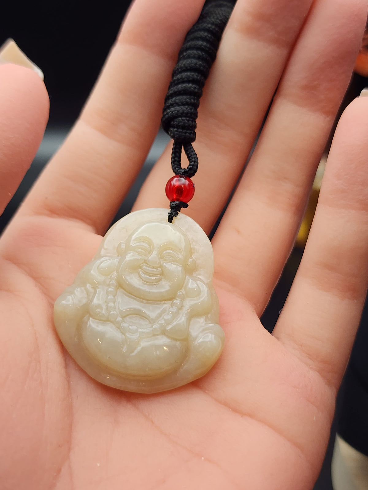 Natural Mutton Fat White-to-Honey Nephrite Jade Carved Laughing Buddha Pendant - (Untreated)