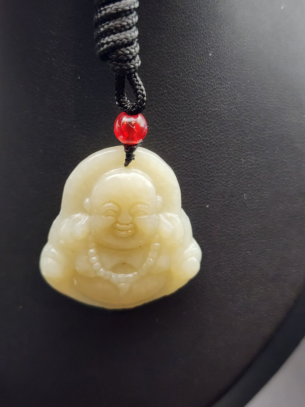 Natural Mutton Fat White-to-Honey Nephrite Jade Carved Laughing Buddha Pendant - (Untreated)