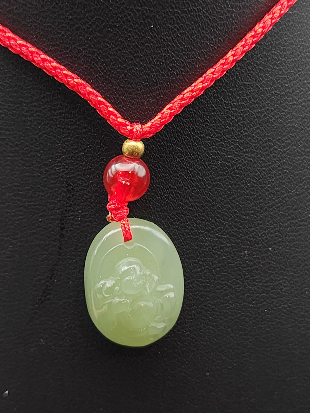 Natural Celadon Green Nephrite Jade Carved Laughing Buddha Oval Pendant - (Untreated)