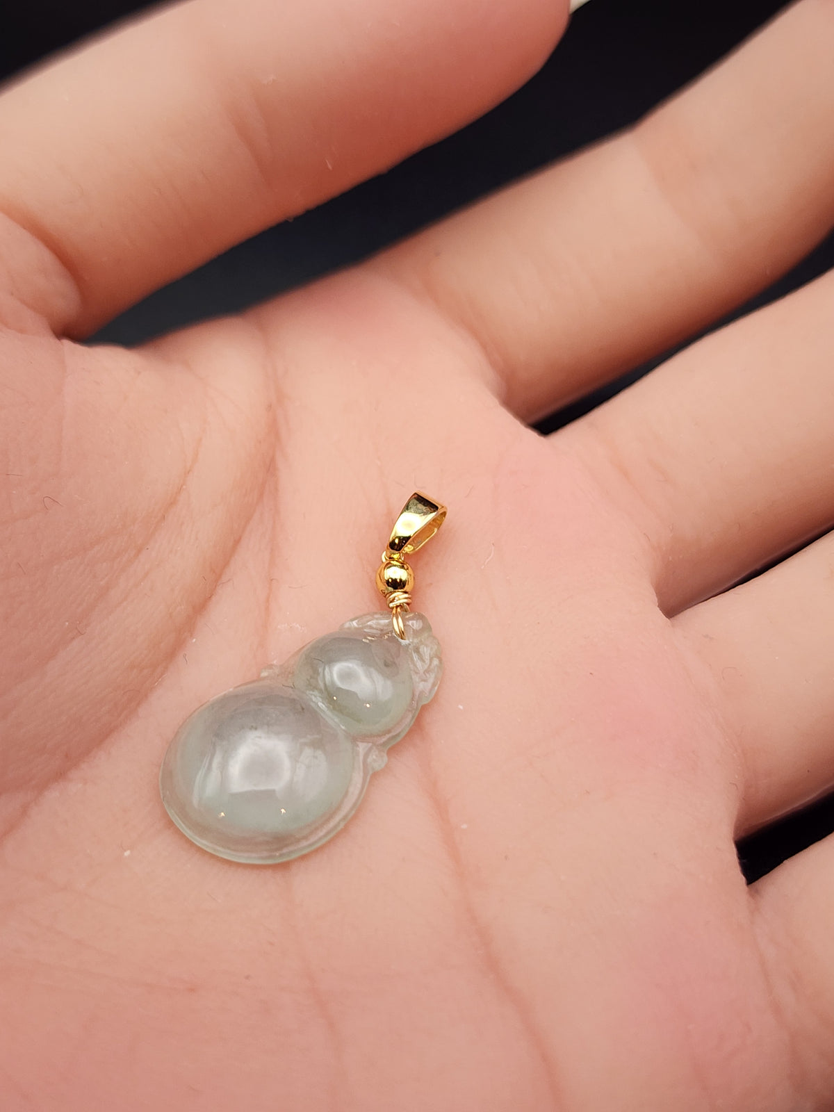Natural Icy Light Sage Green Jadeite Jade Carved Gourd (Wu Lou) Pendant - (Type A Untreated)