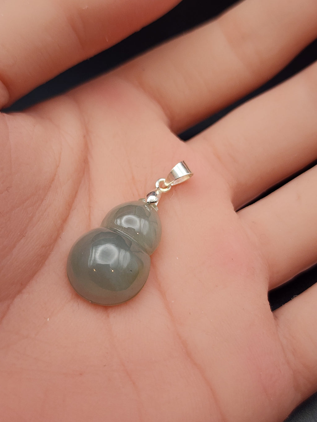 Natural Icy Greyish-Green Jadeite Jade Carved Gourd (Wu Lou) Pendant - (Type A Untreated)