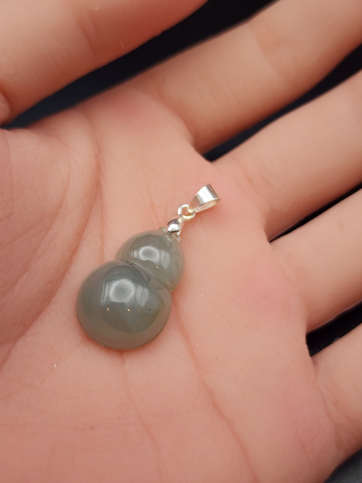 Natural Icy Greyish-Green Jadeite Jade Carved Gourd (Wu Lou) Pendant - (Type A Untreated)