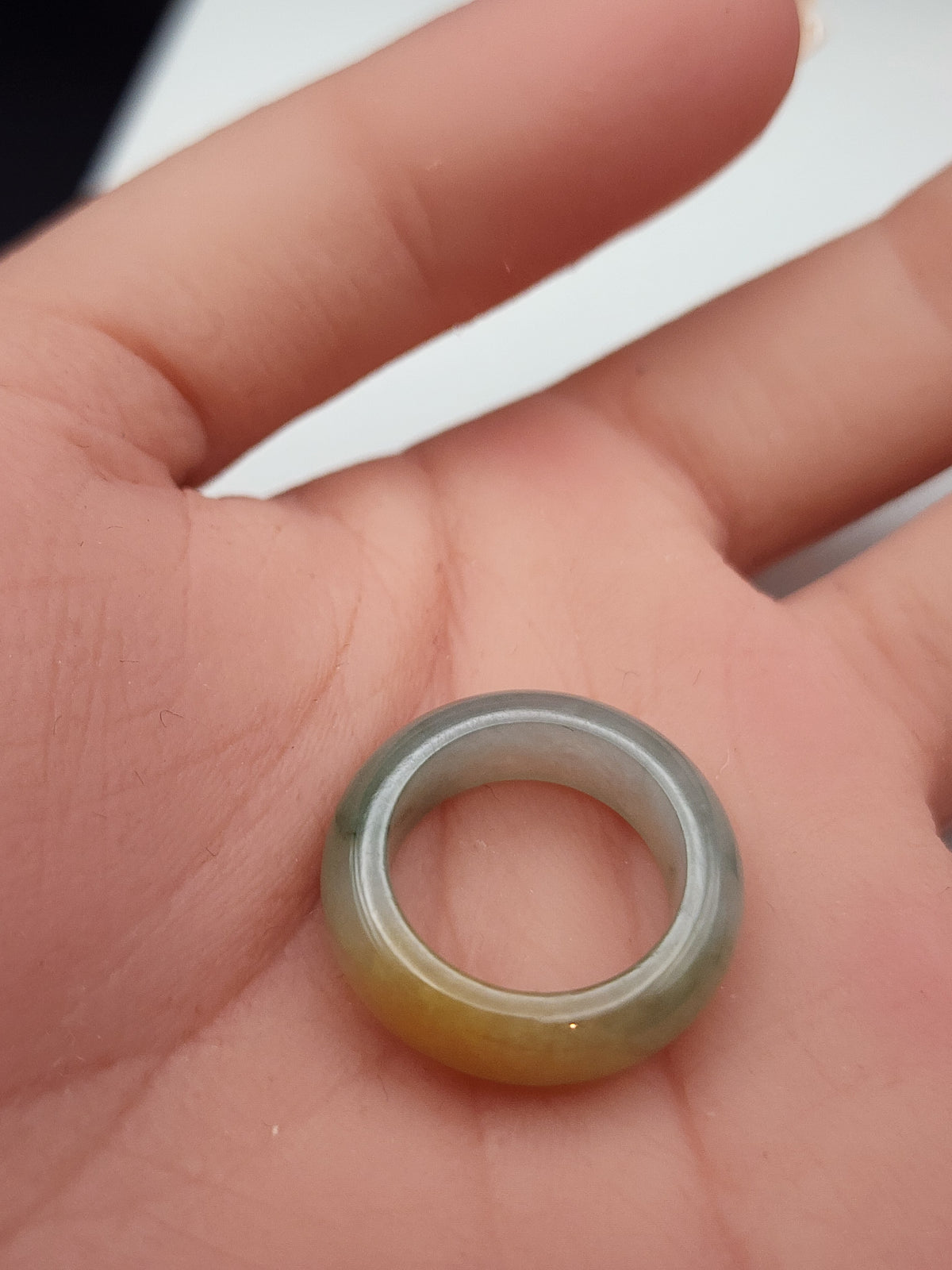 Natural Honey Yellow & Grey Green Jadeite Jade Carved Saddle Band Ring - Size 4 - (Type A Untreated)