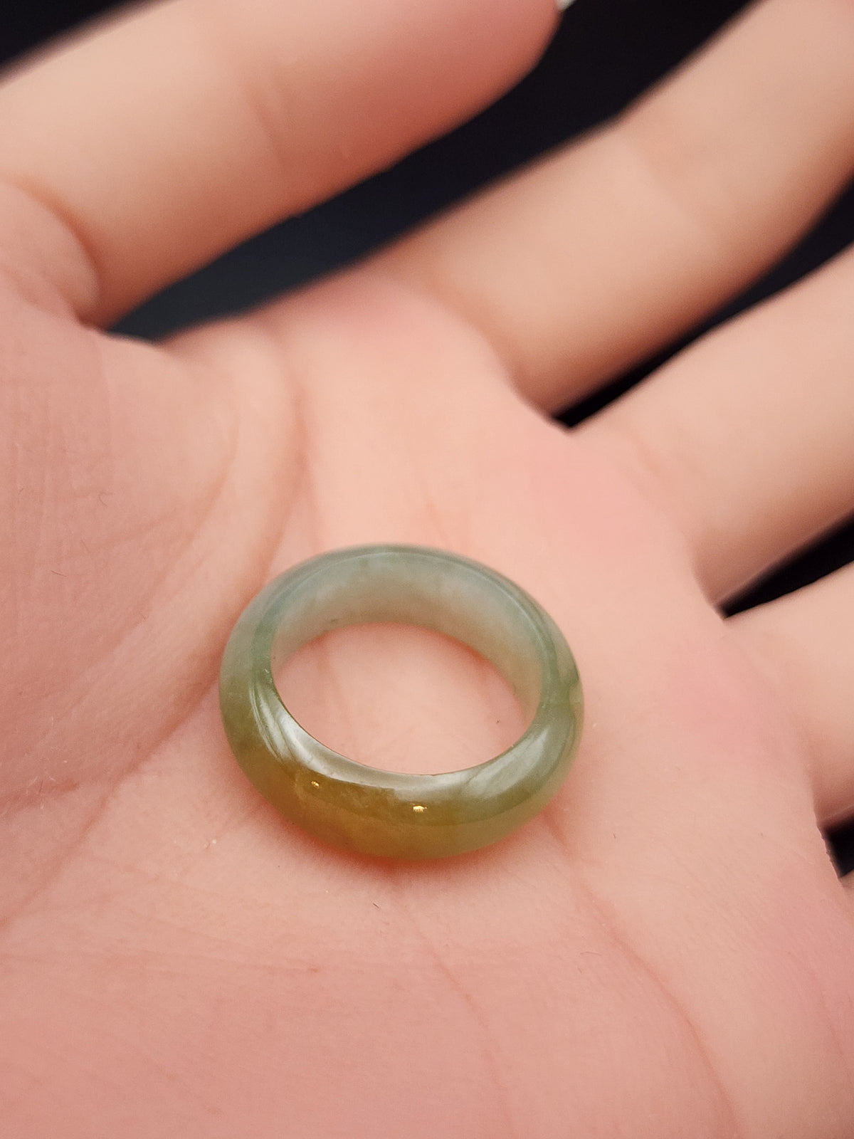 Natural Honey Yellow & Greyish-Green Jadeite Jade Carved Saddle Band Ring - Size 6 - (Type A Untreated)