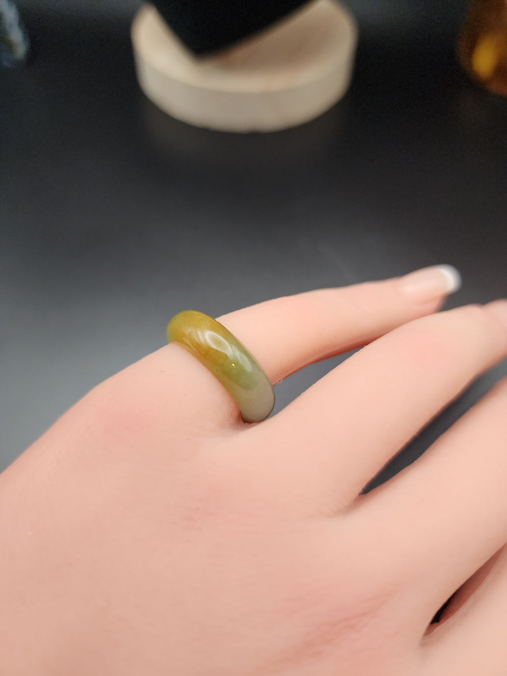Natural Honey Yellow & Greyish-Green Jadeite Jade Carved Saddle Band Ring - Size 6 - (Type A Untreated)
