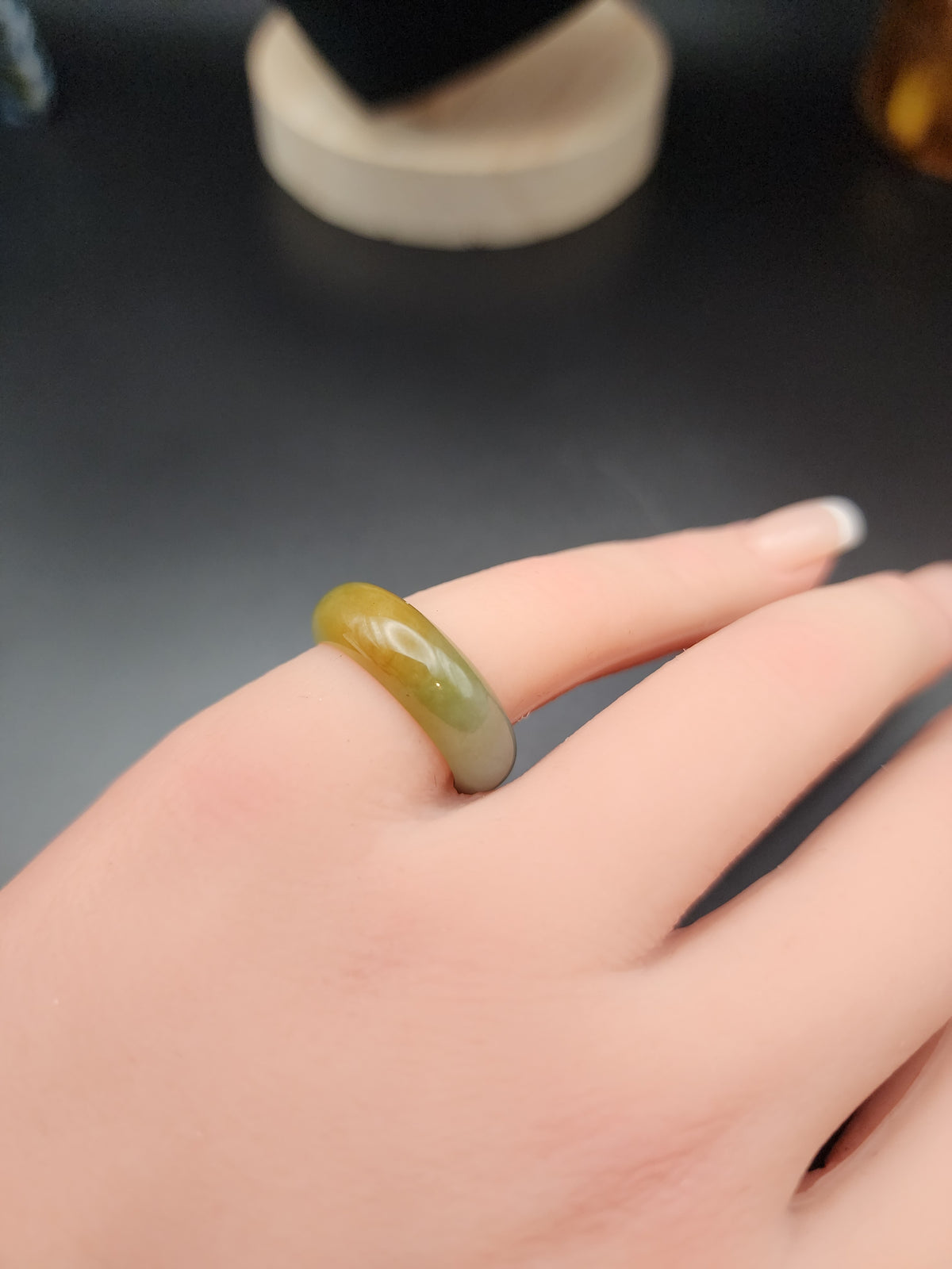 Natural Honey Yellow & Greyish-Green Jadeite Jade Carved Saddle Band Ring - Size 6 - (Type A Untreated)