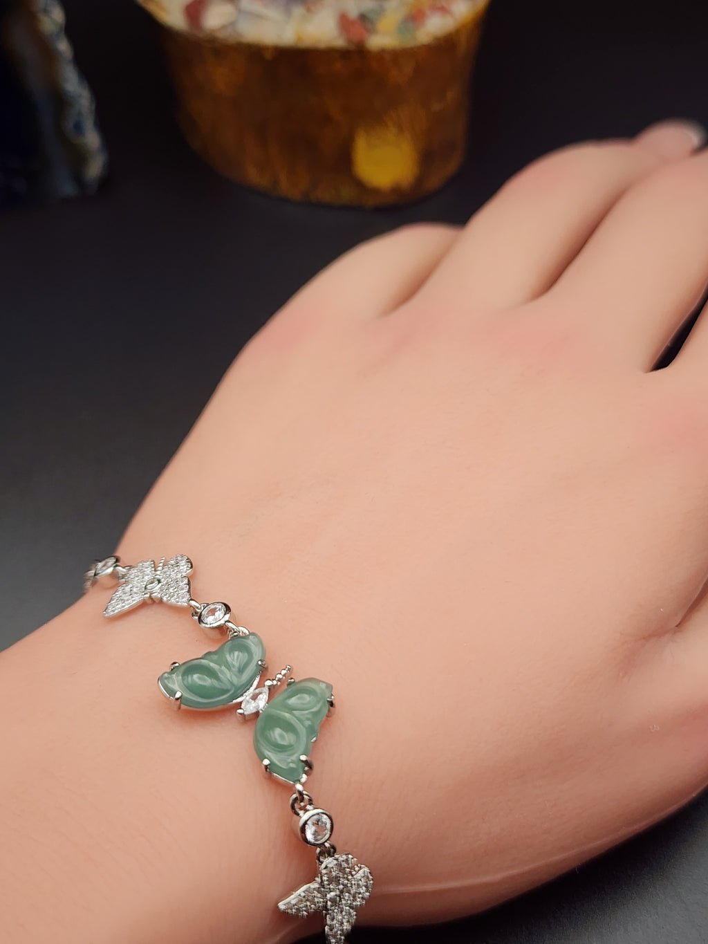 Natural Ice Greyish-Green Butterfly Jadeite Jade Bracelet - 7" - (Type A Untreated)
