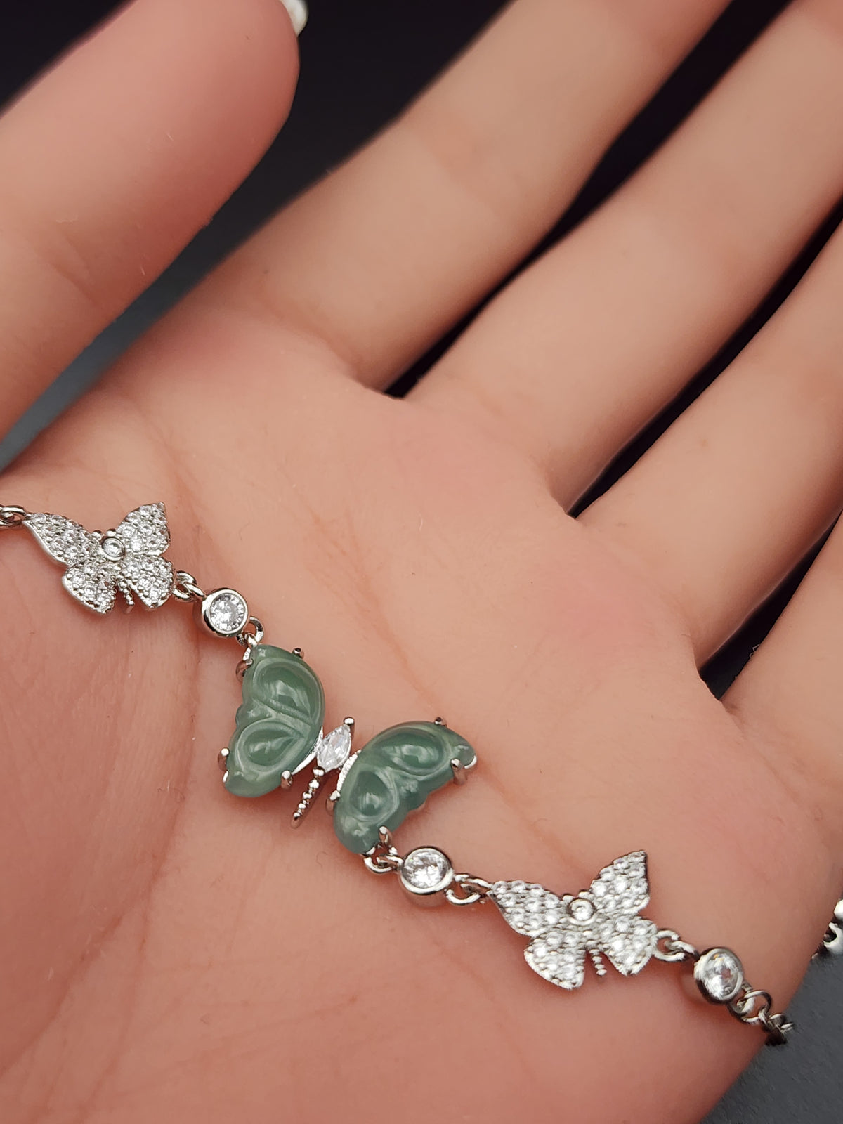 Natural Ice Greyish-Green Butterfly Jadeite Jade Bracelet - 7" - (Type A Untreated)