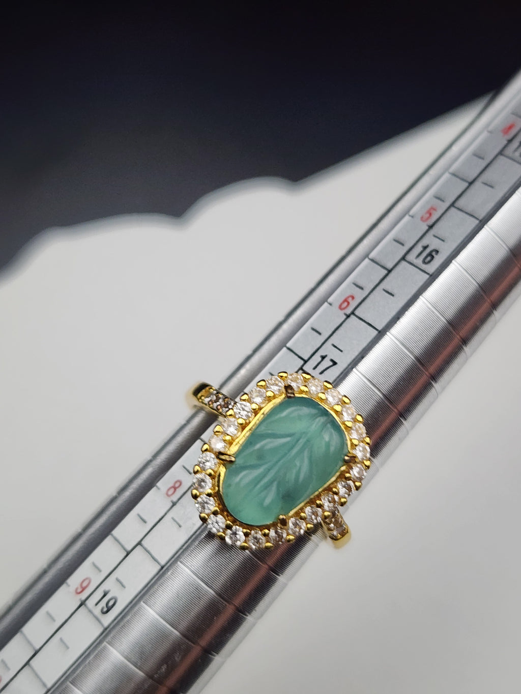 Natural Green Jadeite Jade Carved Leaf Adjustable Ring - (Type A Untreated)