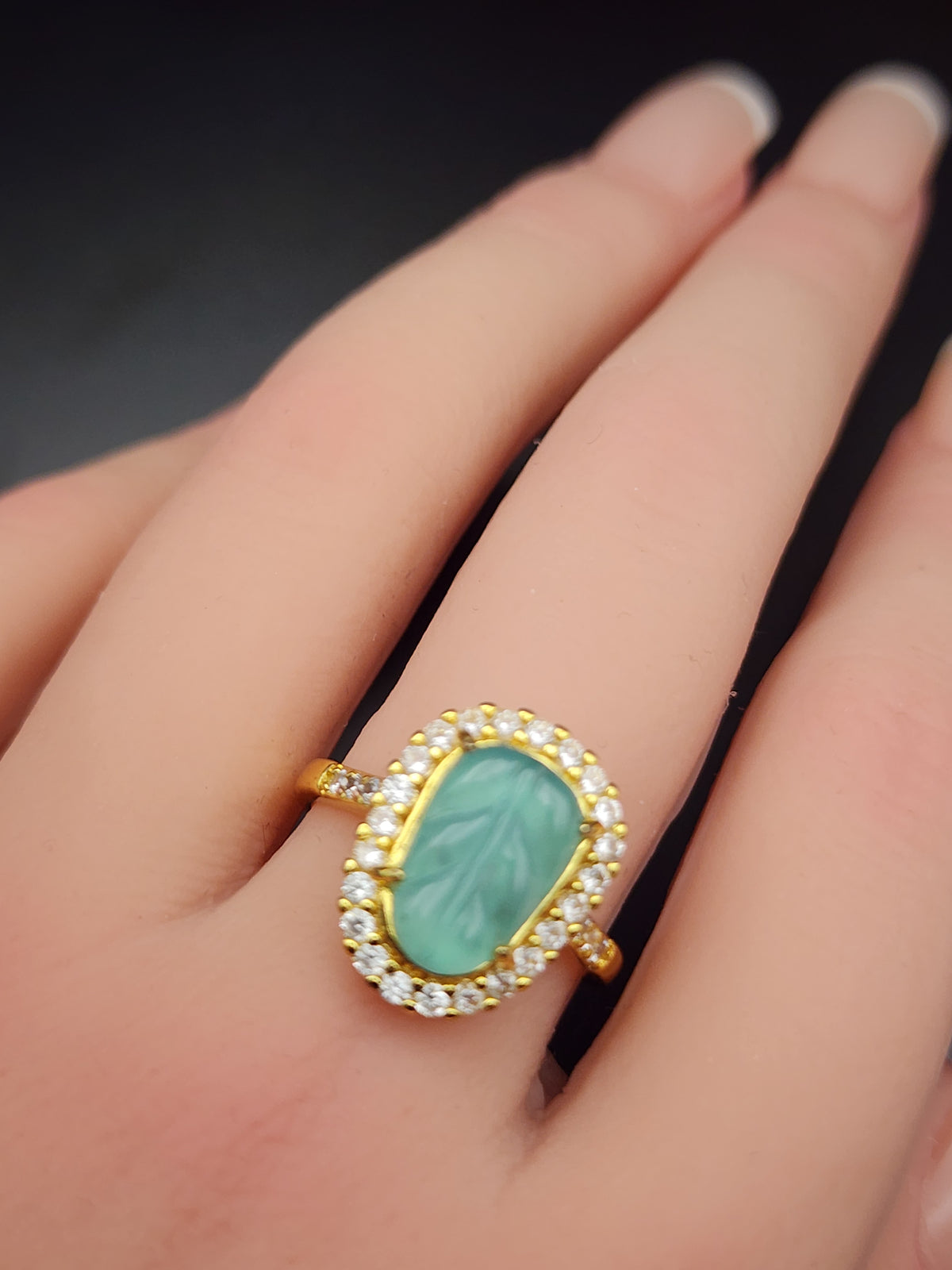 Natural Green Jadeite Jade Carved Leaf Adjustable Ring - (Type A Untreated)