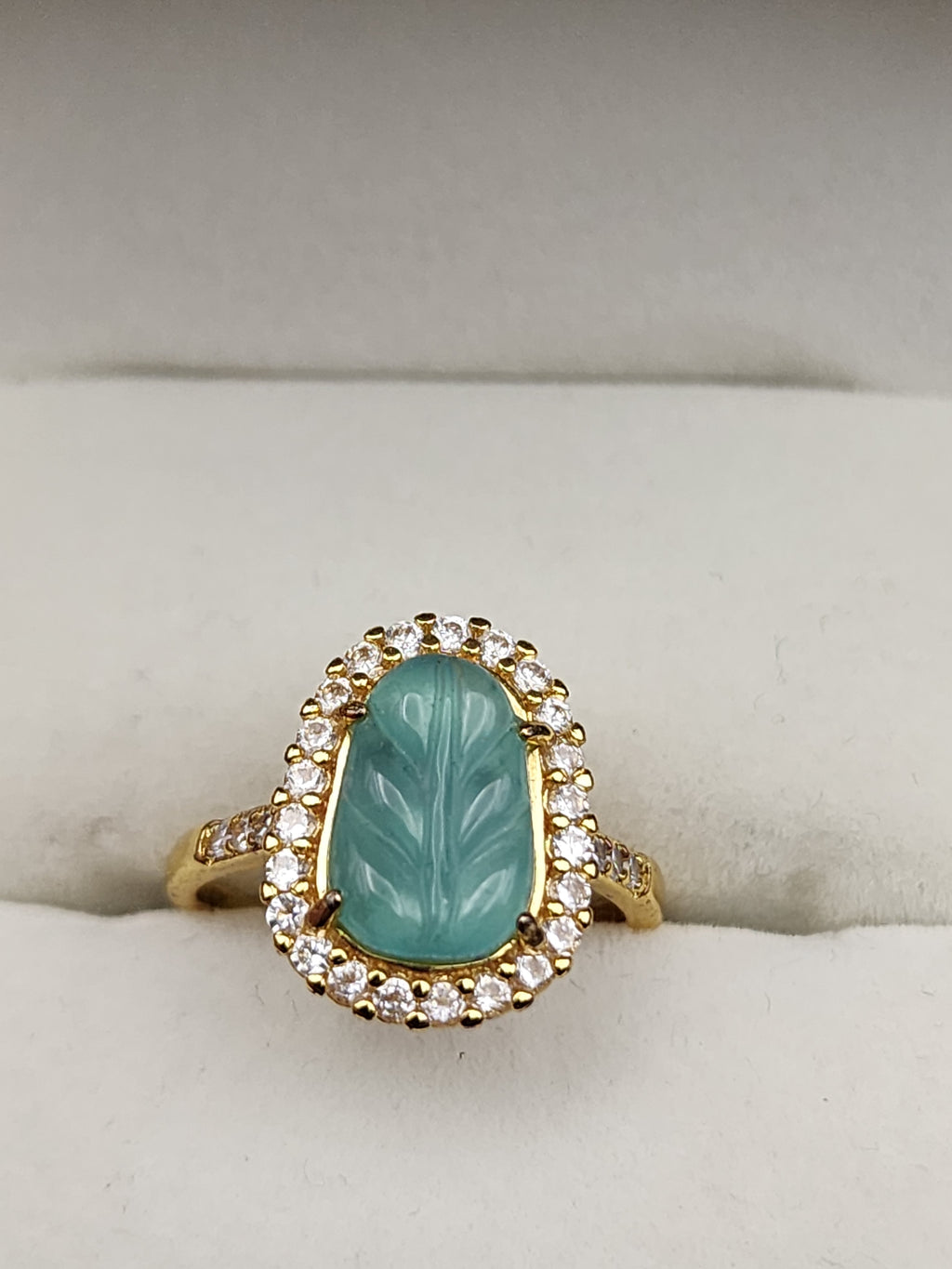 Natural Green Jadeite Jade Carved Leaf Adjustable Ring - (Type A Untreated)