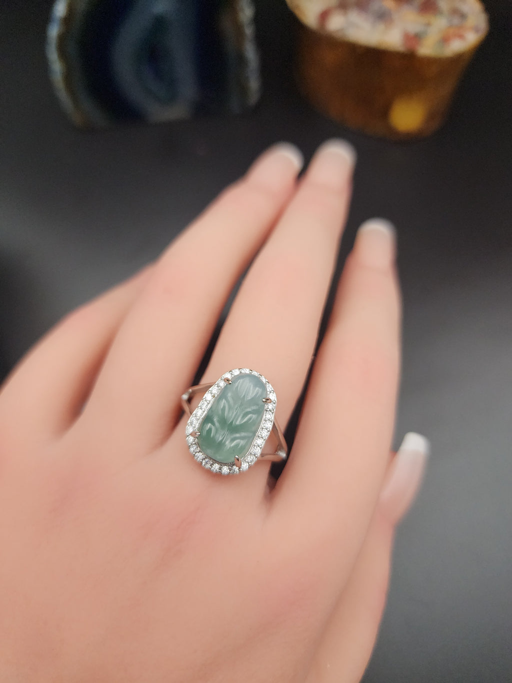 Natural Green Jadeite Jade Carved Leaf Adjustable Ring - (Type A Untreated)