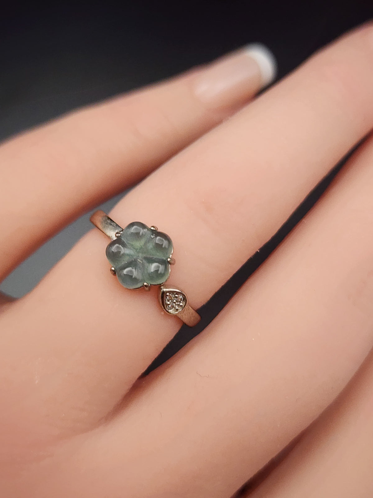 Natural Green Jadeite Jade Carved Floral Adjustable Ring - (Type A Untreated)
